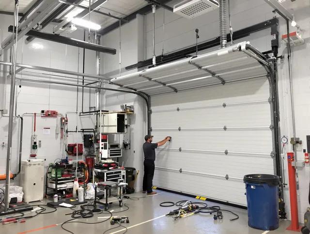 North Branford Garage Door Repair certified technician performing commercial door repair at a North Branford business facility