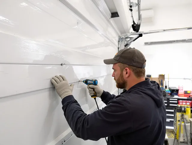North Branford Garage Door Repair technician demonstrating precision dent removal techniques on a North Branford garage door